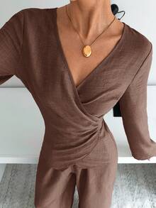 Siren Gaze Women's Spring/Autumn Casual/Office Commute Simple Solid Color Surplice Neck Ruched Fitted Top And Wide Leg Pants Set Elegant Brown - Brown - View 4