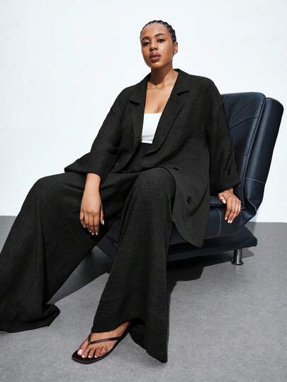 Maija 大码女式休闲百搭长袖宽松套装，都市通勤商务休闲装，优雅办公室造型，百搭上衣，适合外出穿着。大码裤装套装，女士套装，家居服套装，大码家居服套装，大码亚麻套装，春夏春季女装，情人节狂欢节女装派对沙滩婚礼度假休闲装。