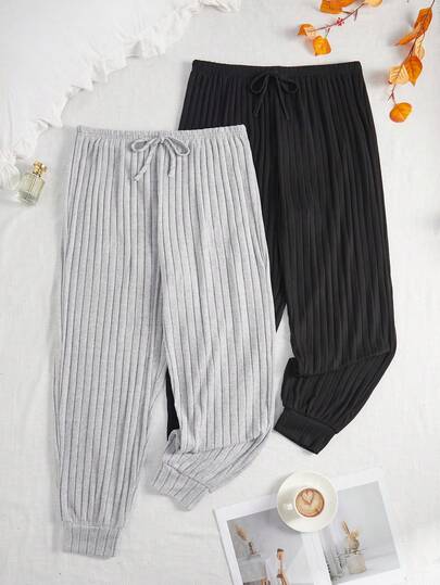 SHEIN 2条装加大码女式舒适罗纹保暖内衬休闲纯色家居裤，秋冬季