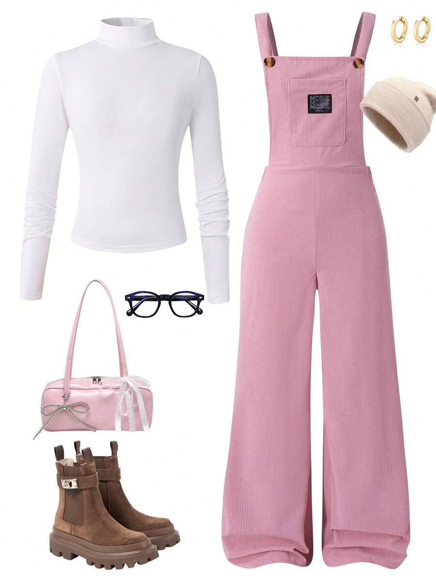 SHEIN Sparklyn Bộ 2 áo phông và quần yếm đa năng thường ngày cho bé gái tuổi teen, áo phông trắng đơn giản, quần yếm vải gân có túi và logo thêu, thích hợp cho các buổi đi chơi mùa thu/đông, đi bộ, mua sắm, đi làm - Hồng - Xem 1