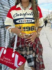 Rovax Women Loose Batwing Polo Collar Letter Print Short Sleeve T-Shirt - Multicolor - View 5