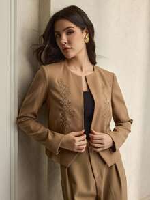 ZEYLAH Women's Embroidered Beaded Long Sleeve Fashion Jacket - Khaki - View 7