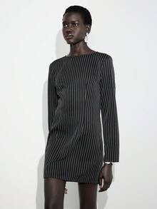 Lumivelle 女士时尚条纹圆领低腰带长袖修身连衣裙 - 黑色 - 查看 5