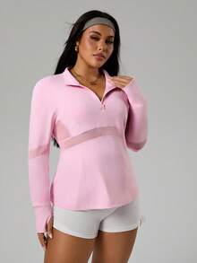 Rhythm Era Sweatshirt Sporty Lengan Panjang Warna Polos Wanita dengan Resleting Setengah di Bagian Depan - Berwarna merah muda - View 5