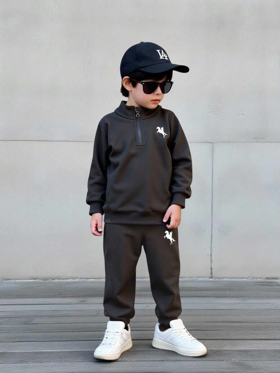 2 件套年轻男孩休闲简约半拉链立领运动衫和慢跑裤套装，日常穿着 - 深灰色 - 查看 1
