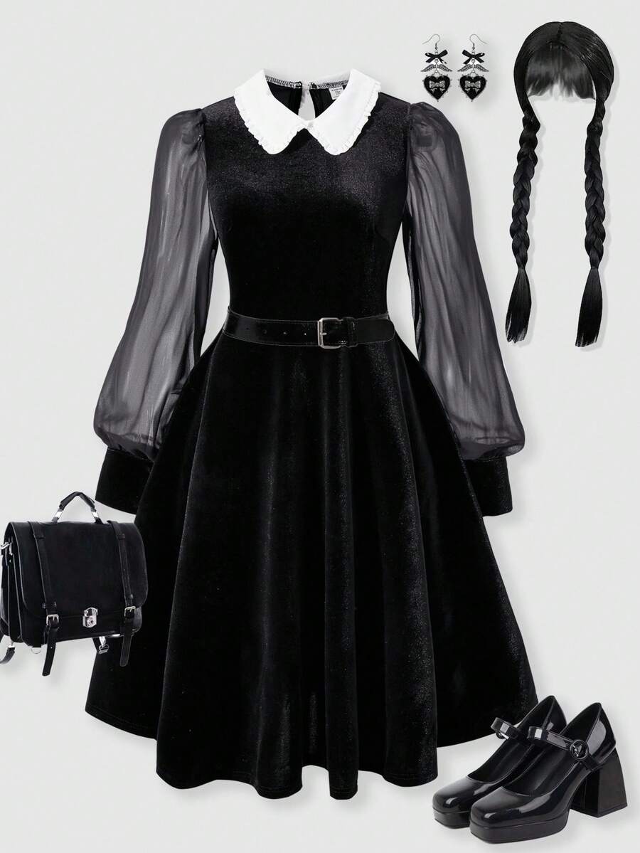 SHEIN ChillGRL Streecool Kids/Teens Girls' Vintage Velvet & Chiffon Puff Sleeve Dress,Black And White,Autumn,Elegant,Party Ruffle Collar Shirt Dress,Back To School - Black - View 1