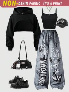 SHEIN ChillGRL Streecool Kids Casual Tween Girl Loose Street Style Denim Print Pants, Cropped Camisole Top, Long Sleeve Hooded Mesh Blouse 3-Piece Outfit, Fashion