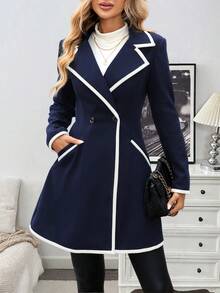 EMERY ROSE 女士优雅休闲通勤黑白拼接长款羊毛混纺大衣 - 寶藍色 - 查看 4