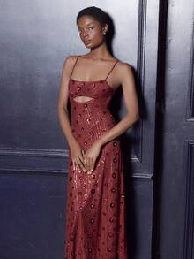 lacRébo Váy Maxi Sequin Đỏ Rượu Có Chi Tiết Khoét Phía Trước - Phong Cách Dạ Hội Và Tiệc Tùng - Màu Đỏ Sâu - Xem 1