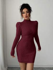 Elenzga Vestido de suéter de mujer con cuello alto, elegante, de Body ceñido, con textura acanalada y cintura ribeteada - Burdeos - Ver 7