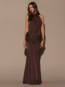 SHEIN BAE Women's Autumn/Winter High Neck Backless Tie Waist Ruched Fishtail Hem Elegant Extra Long Dress,  Summer Dress,Valentine's Day,Elegant Dress,Brown Dress,Wedding Guest Dress ,Vacation Outfits Women Halter Neck Maxi Dress Brown Sexy Dress - Brown - View 4