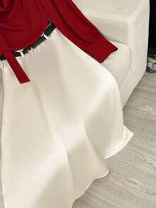 GlowEve Swing Collar Tie Blouse Paired With High Waist A-Line Contrast Color Skirt Set - Red - View 3