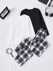 男童休闲字母格子印花长袖上衣和裤子四件套舒适睡衣套装 - 黑與白 - 查看 2