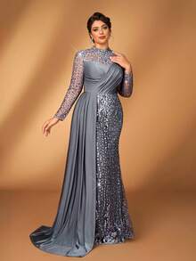 Serin Đầm cỡ lớn sang trọng, thanh lịch màu xám thêu sequin ren satin phối nhiều mảnh, thích hợp cho đám cưới, tiệc tùng, kỳ nghỉ, dạ hội, váy dạ hội cho mẹ cô dâu, ngày Valentine. - Xám - Xem 7