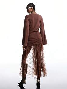 LYSMO 女士纯色拼接简约休闲长袖连衣裙 - 咖啡棕 - 查看 2