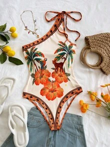 Soleia New Vacation Knit Printed Asymmetrical Shoulder Bow Bodysuit For Women Carnival, - Multicolor - View 5