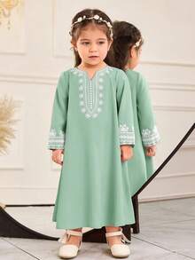 Baby Girl Loose Casual Minimalist Long Sleeve Pattern Long Dress - Green - View 6