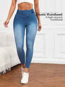 SHEIN PETITE Quần jeans nữ cạp cao ôm vừa vặn, co giãn cao màu xanh lam - Rửa nhẹ - Xem 6