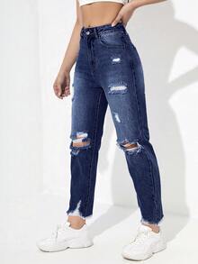 SHEIN EZwear Damen Sommer High Waist Destroyed Mom Fit Jeans