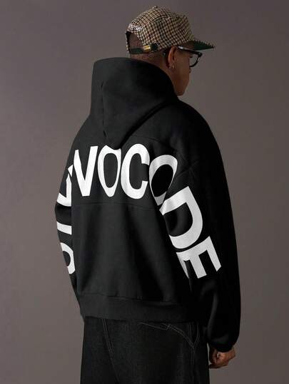 STYNVO 男士保暖内衬休闲字母图案宽松落肩连帽卫衣，秋季男士黑色印花连帽衫街头风短款连帽衫