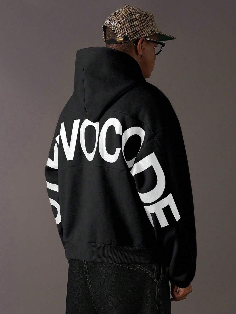 STYNVO 男士保暖内衬休闲字母图案宽松落肩连帽卫衣，秋季男士黑色印花连帽衫街头风短款连帽衫 - 黑色 - 查看 1