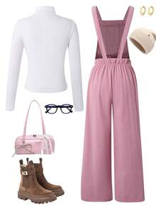 SHEIN Sparklyn Bộ 2 áo phông và quần yếm đa năng thường ngày cho bé gái tuổi teen, áo phông trắng đơn giản, quần yếm vải gân có túi và logo thêu, thích hợp cho các buổi đi chơi mùa thu/đông, đi bộ, mua sắm, đi làm - Hồng - Xem 2