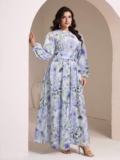 Veilorie Váy dài tay họa tiết hoa phong cách Ả Rập cỡ lớn cho nữ