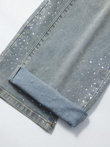 Street Life 男士休闲街头风水钻装饰口袋牛仔裤 - 藍色 - 查看 4