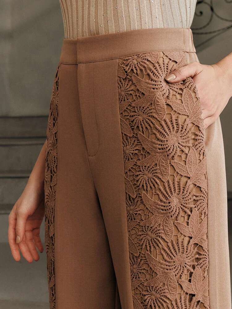 Anewsta Women's Elegant Design Lace Patchwork Straight Leg Loose Fit Fashionable Slimming Pants, Suitable For Formal, Party, Chic, Work, Graduation, Wedding, Red Dress