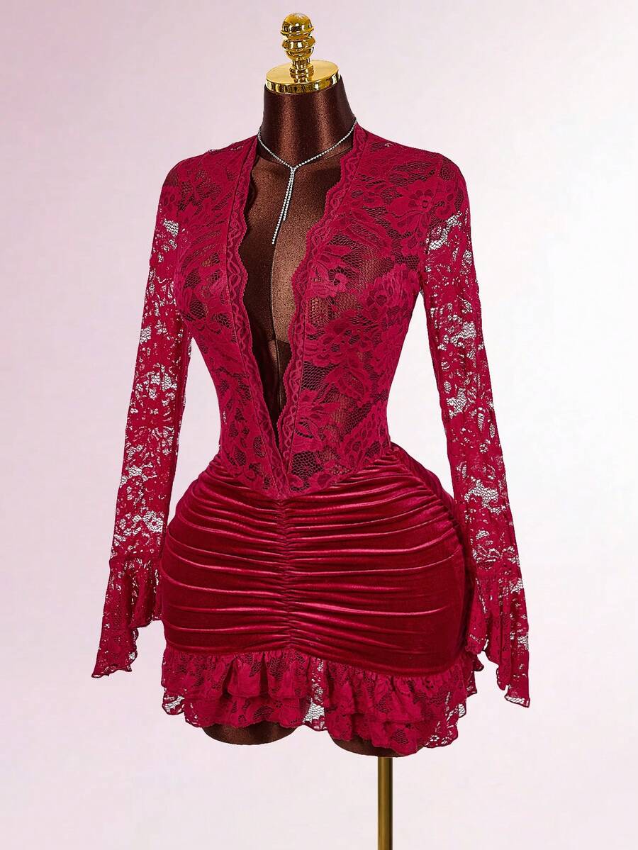 Amplova Váy ôm sát eo chữ V sâu cổ điển Giáng sinh - Đỏ - Xem 1