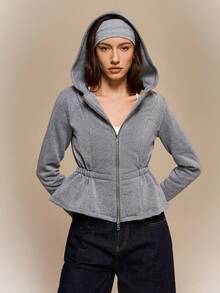 Hanevo Solid Color Raglan Sleeve Cinched Waist Zip-Up Sweatshirt For Women, In Fall/Winter - Dark Grey - View 6
