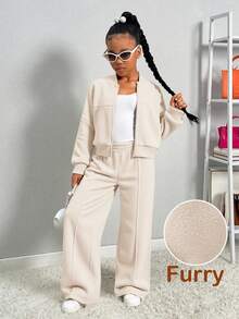 SHEIN 女童休闲针织蓬松纯色立领长袖卫衣套装，适合休闲、聚会、上学、秋冬季穿着。 - 米色 - 查看 8