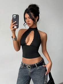 Aloruh Women's Y2K Black Studded Knit Camisole - Black - View 6