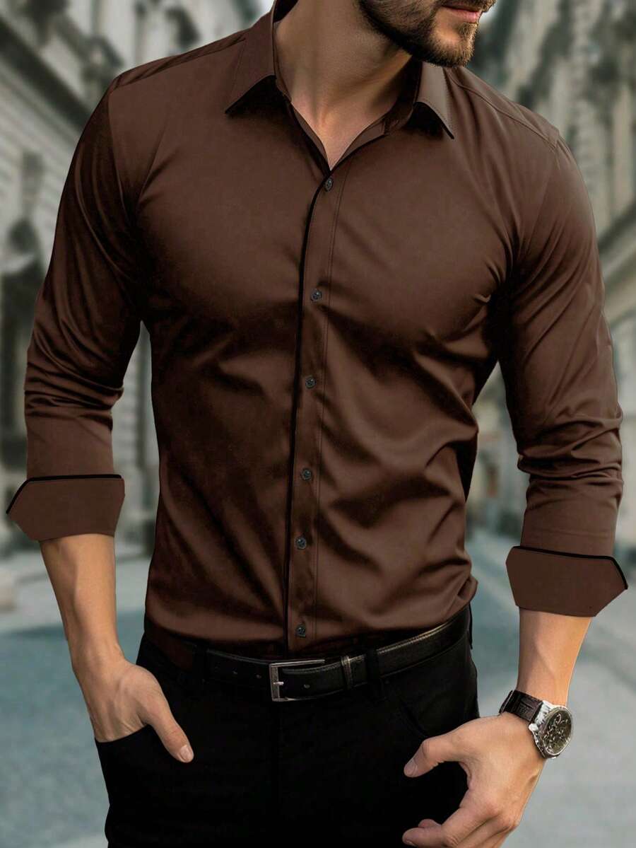 SHEIN Manfinity Mode Camisa de manga larga de unicolor para hombre, otoño, formal, ceremonia - Marrón - Ver 1