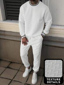 Manfinity Homme 男士针织罗纹白色纹理面料圆领卫衣套装，冬季款 - 白色 - 查看 5