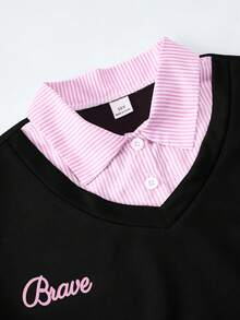 SHEIN ChillGRL 2件套少女Romweezy宽松休闲拼接撞色二合一衬衫式V领短款卫衣搭配宽松休闲阔腿撞色拼接裤套装，适合日常、通勤、休闲、度假、聚会、街拍等场合。 - 黑色 - 查看 3