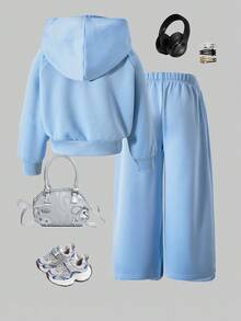 SHEIN ChillGRL Streecool 年轻女孩休闲学院风年轻女孩百搭小标志连帽宽松拉链运动衫和阔腿运动裤套装，适合休闲和运动 - 淺藍色 - 查看 2