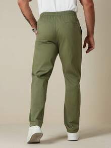 Manfinity Homme Men's Cotton Drawstring Waist Pockets Casual Pants, Lightweight & Stretchy Chinos Khaki Military - Army Green - View 2