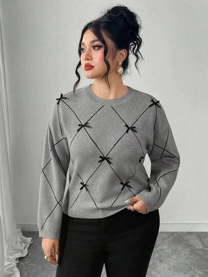 Modelyn Suéter casual con decoración de lazo, talla grande, otoño/invierno