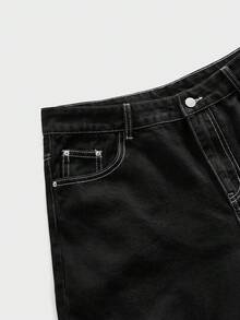 ROMWE MEN Men's Loose Fit Spider Web Embroidery Pattern Denim Shorts - Black - View 4