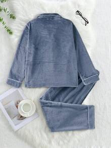 2 件套青少年男童海军蓝毛绒领开衫和裤子舒适家居服套装 - 深灰色 - 查看 2