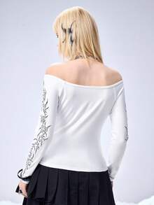 ROMWE Women's V-Neck Off Shoulder Gothic Virgin Mary Window Print Tight Long Sleeve T-Shirt - White - View 4