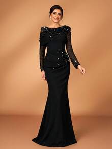 Serin 优雅奢华的串珠泡泡设计弹力针织网纱透视袖褶皱鱼尾裙，适合婚礼、派对、度假、晚宴、节日、新娘母亲晚礼服等场合。 - 黑色 - 查看 2