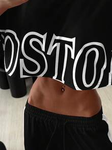 StreetHx 2pcs/Set Women's Print Color Block Cropped Top + Sweatpants Set - Black and White - View 4