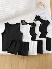 SHEIN Playful Pals Set de 10 piezas de ropa interior básica de algodón, camiseta sin mangas, calzoncillos y bóxers para niños jóvenes con estilo deportivo y colegial sencillo - Blanco y Negro - Ver 2
