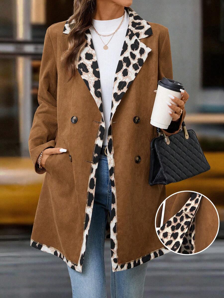 SHEIN Clasi Áo khoác da lộn dài tay họa tiết da báo thanh lịch dành cho nữ, màu nâu, mùa thu/đông