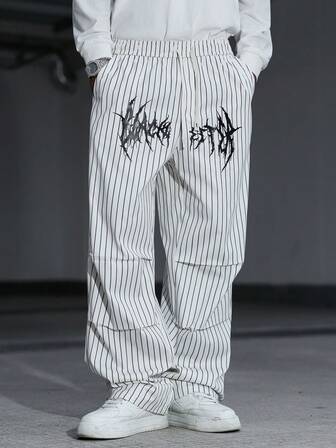 Street Life Men's  Fashion Street Letter & Stripe Print Drawstring Waist Slant Pocket Loose Wide Leg Pants
