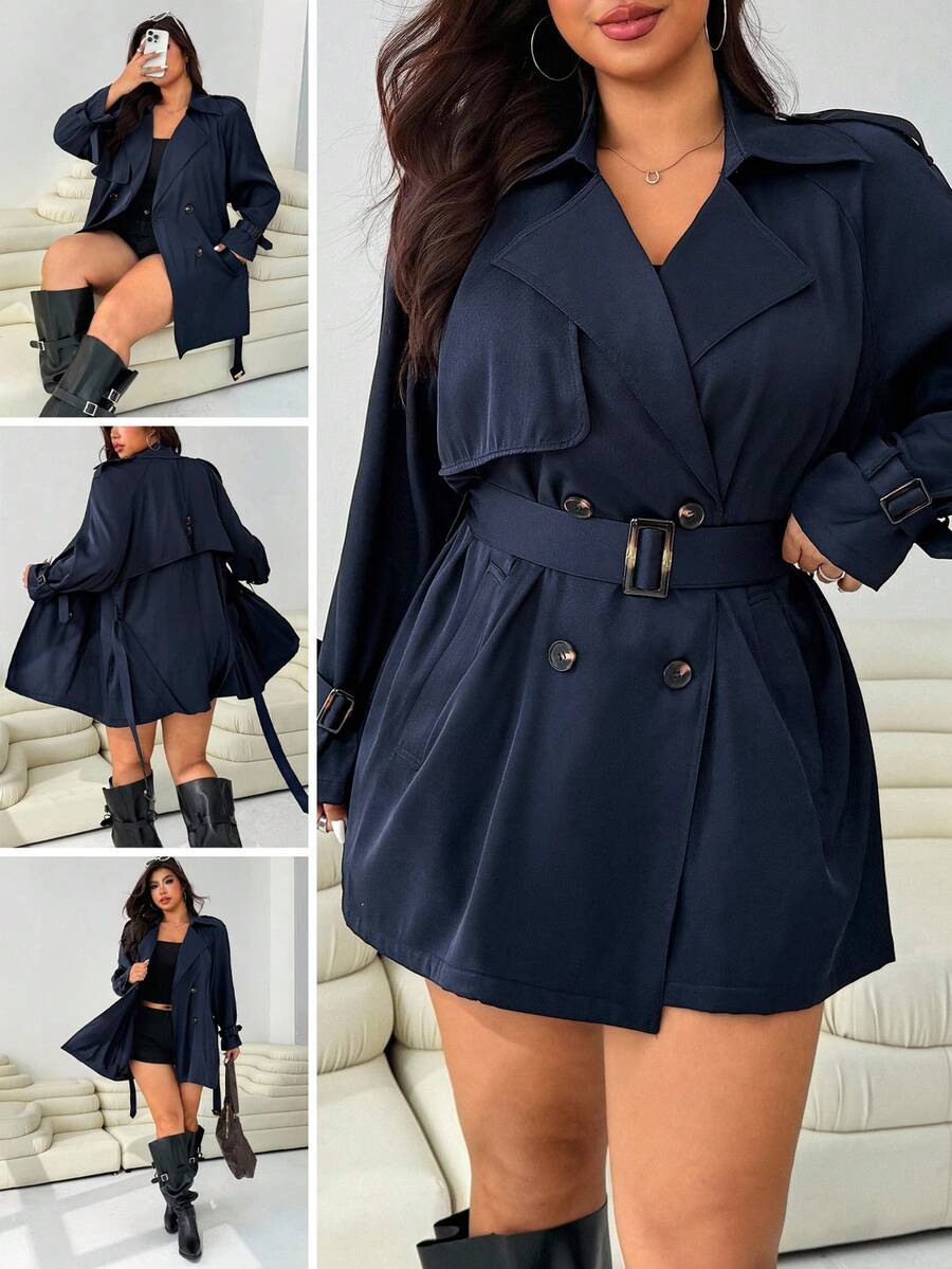 Solflare Plus Size Women Casual Solid Color Double-Breasted Trench Coat,Fall,Winter,Back To School,Business Casual,Office Outfits,Work,Teacher,Button Up Coat Autumn New Fashion Windbreaker Blazer Dress Plus Size
