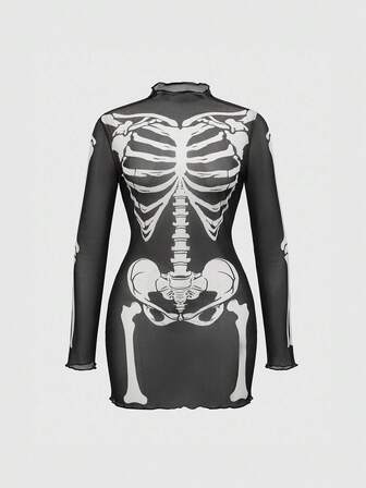 Goth Skelett-Muster Mode Langarm Kleid in Große Größen