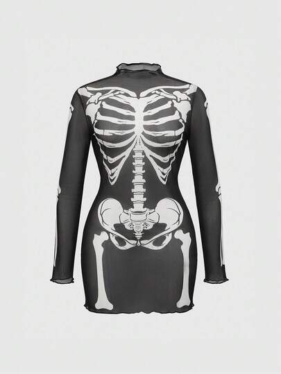 Goth Abito a maniche lunghe con stampa scheletro, taglie comode